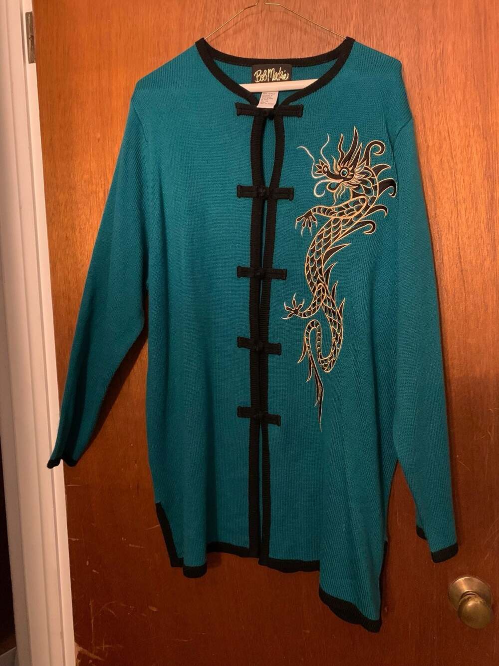 Vintage Bob Mackie Wearable Art Teal Dragon Embroidered Cardigan Sweater Size 1X